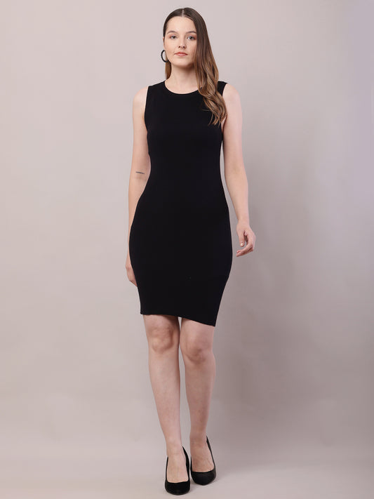 Viscose Sleeveless with Round Neck Black Bodycon Dress