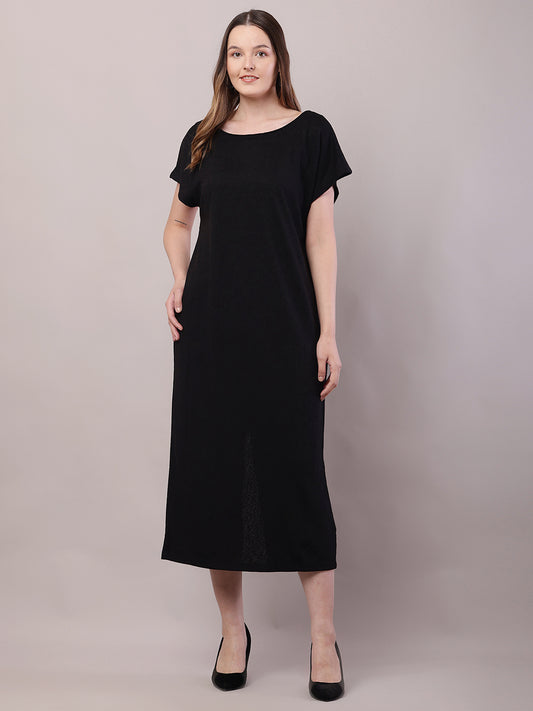 Polyester Round Neck with Half Sleeve Black Maxi Dress