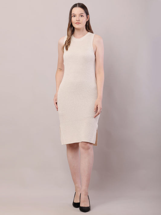 Viscose Round Neck with Sleeveless Ribbed Cream Shift Dress