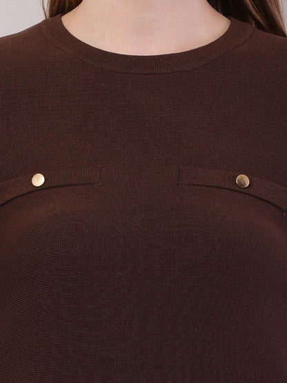 Viscose Full Sleeve with Round Neck Brown Dress