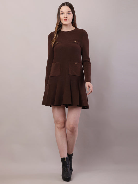 Viscose Full Sleeve with Round Neck Brown Dress