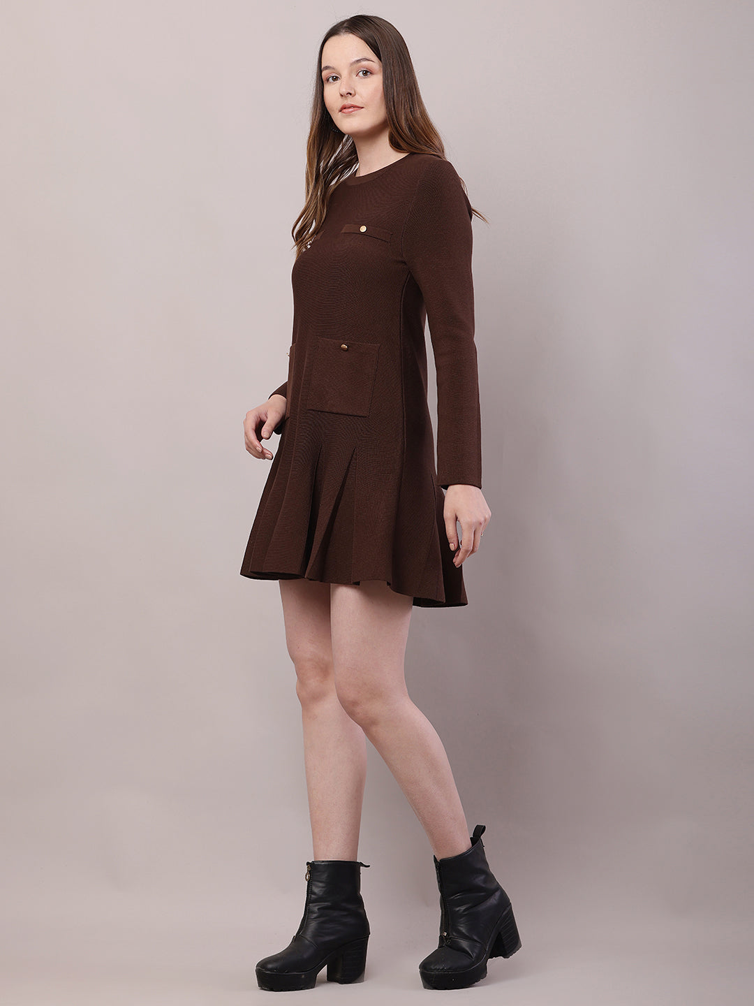 Viscose Full Sleeve with Round Neck Brown Dress