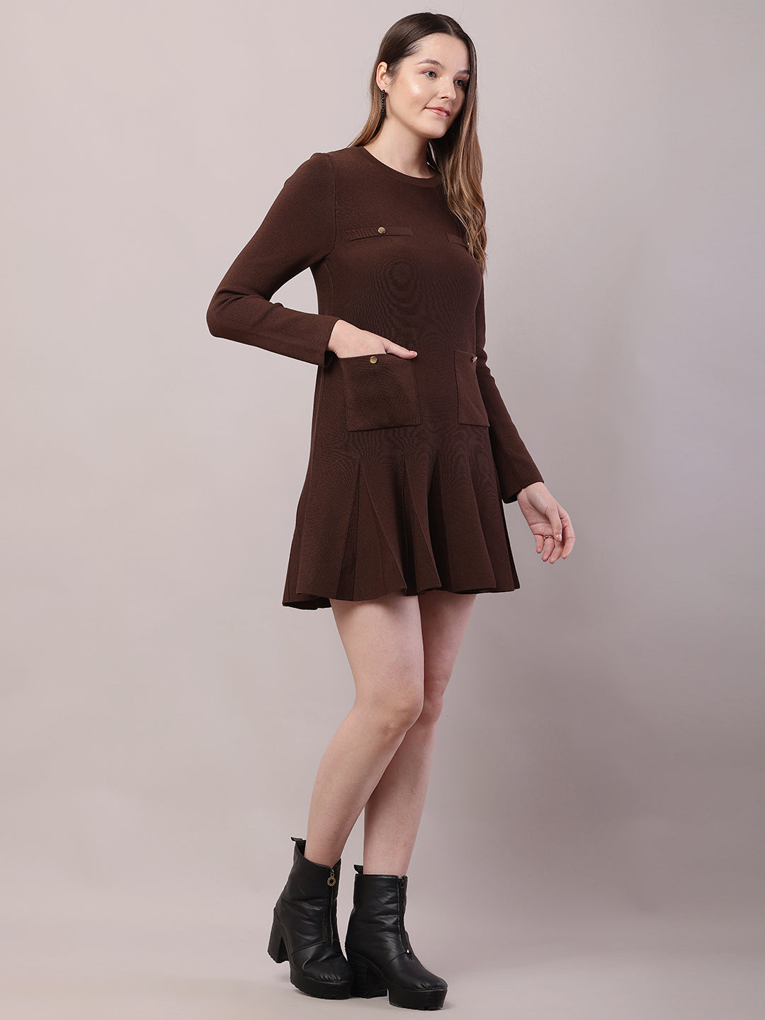 Viscose Full Sleeve with Round Neck Brown Dress