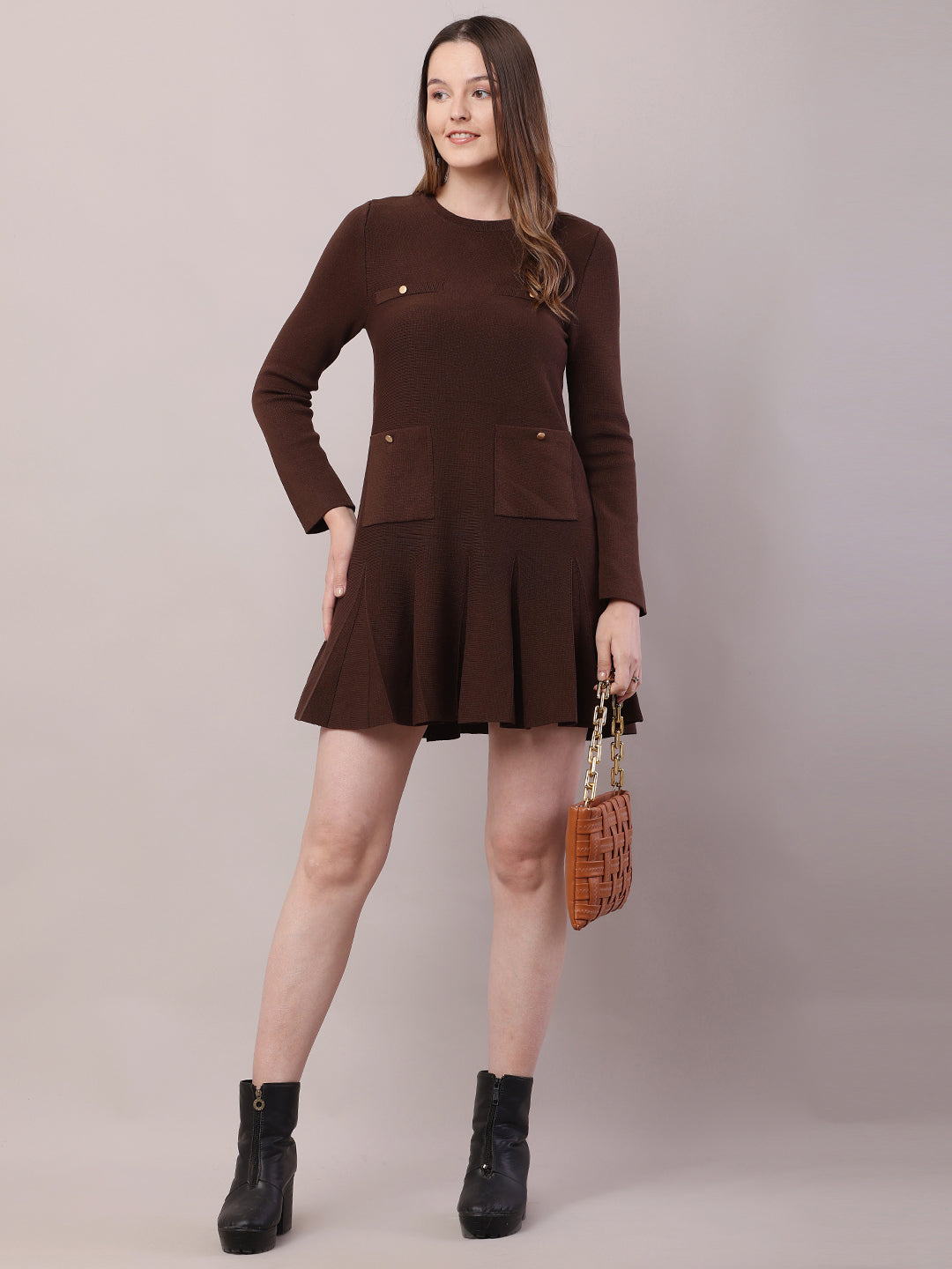 Viscose Full Sleeve with Round Neck Brown Dress