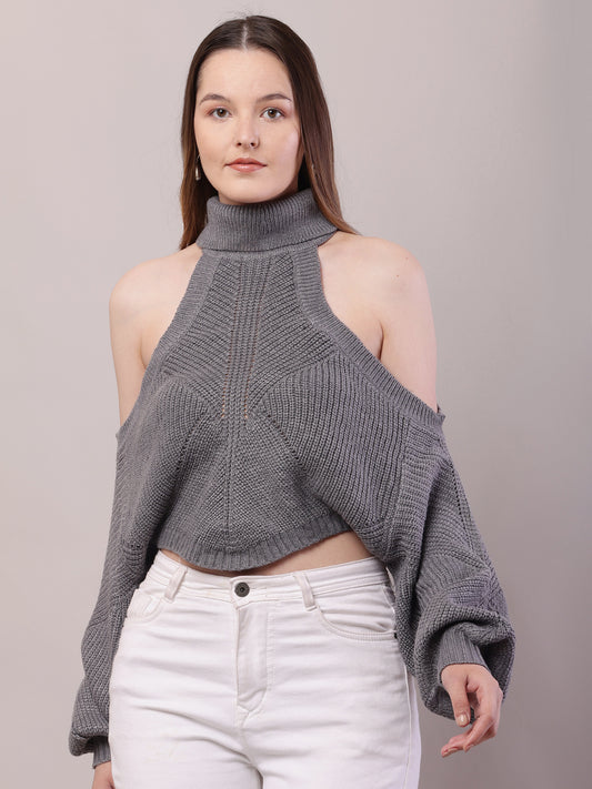 Acrylic Mock Neck with Full Sleeve Cold Shoulder Knitted Grey Sweater