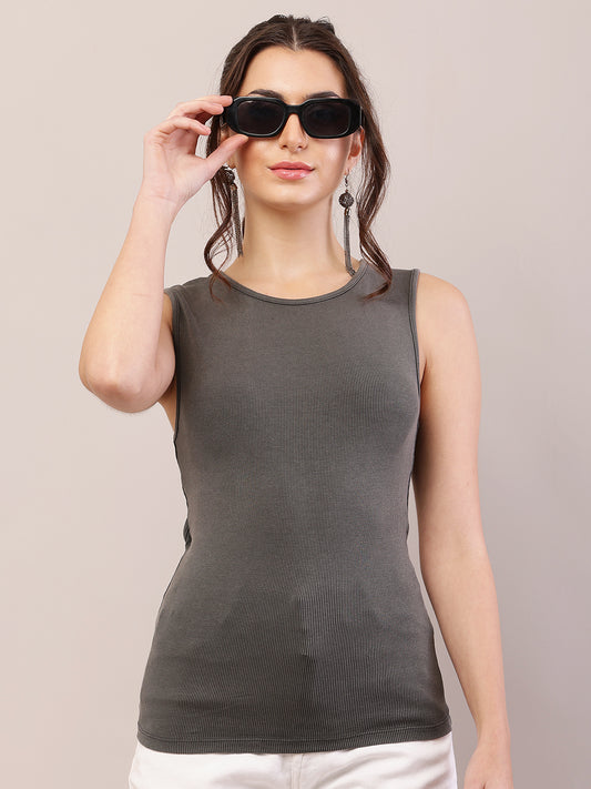 Viscose Sleeveless with Round Neck Grey Tank Top