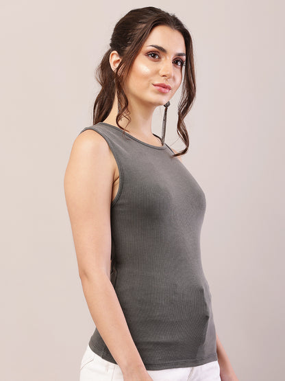 Viscose Sleeveless with Round Neck Grey Tank Top