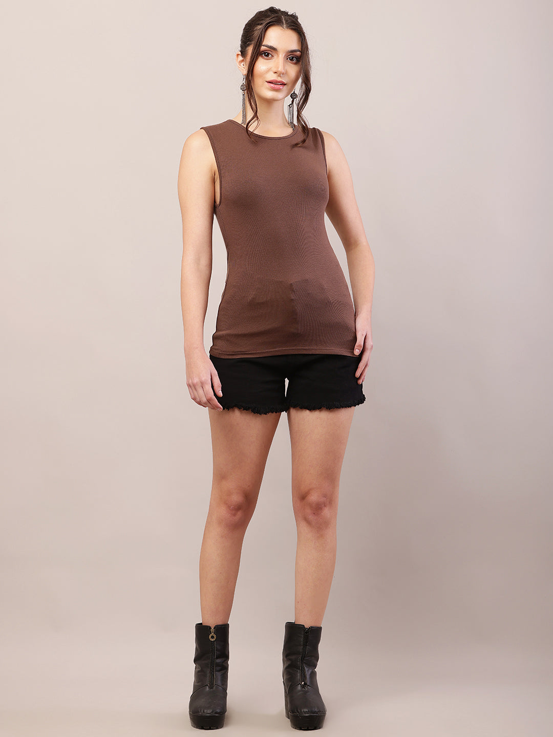 Viscose Sleeveless with Round Neck Brown Tank Top