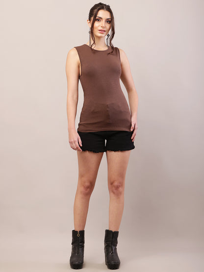 Viscose Sleeveless with Round Neck Brown Tank Top