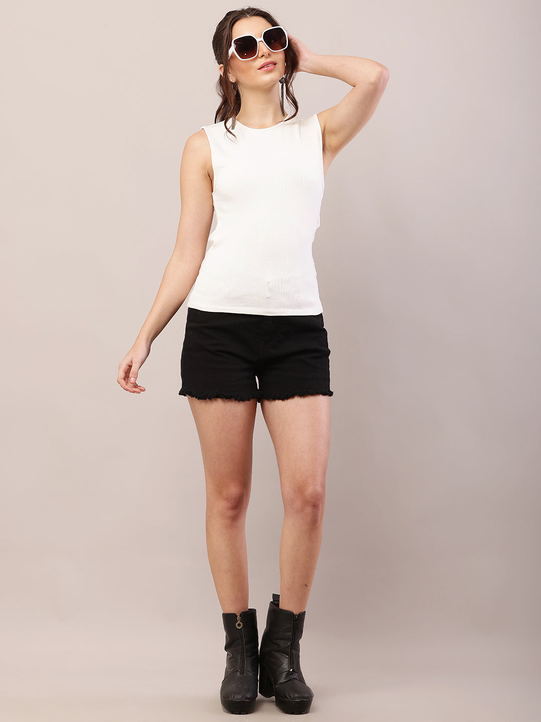 Viscose Sleeveless with Round Neck White Tank Top