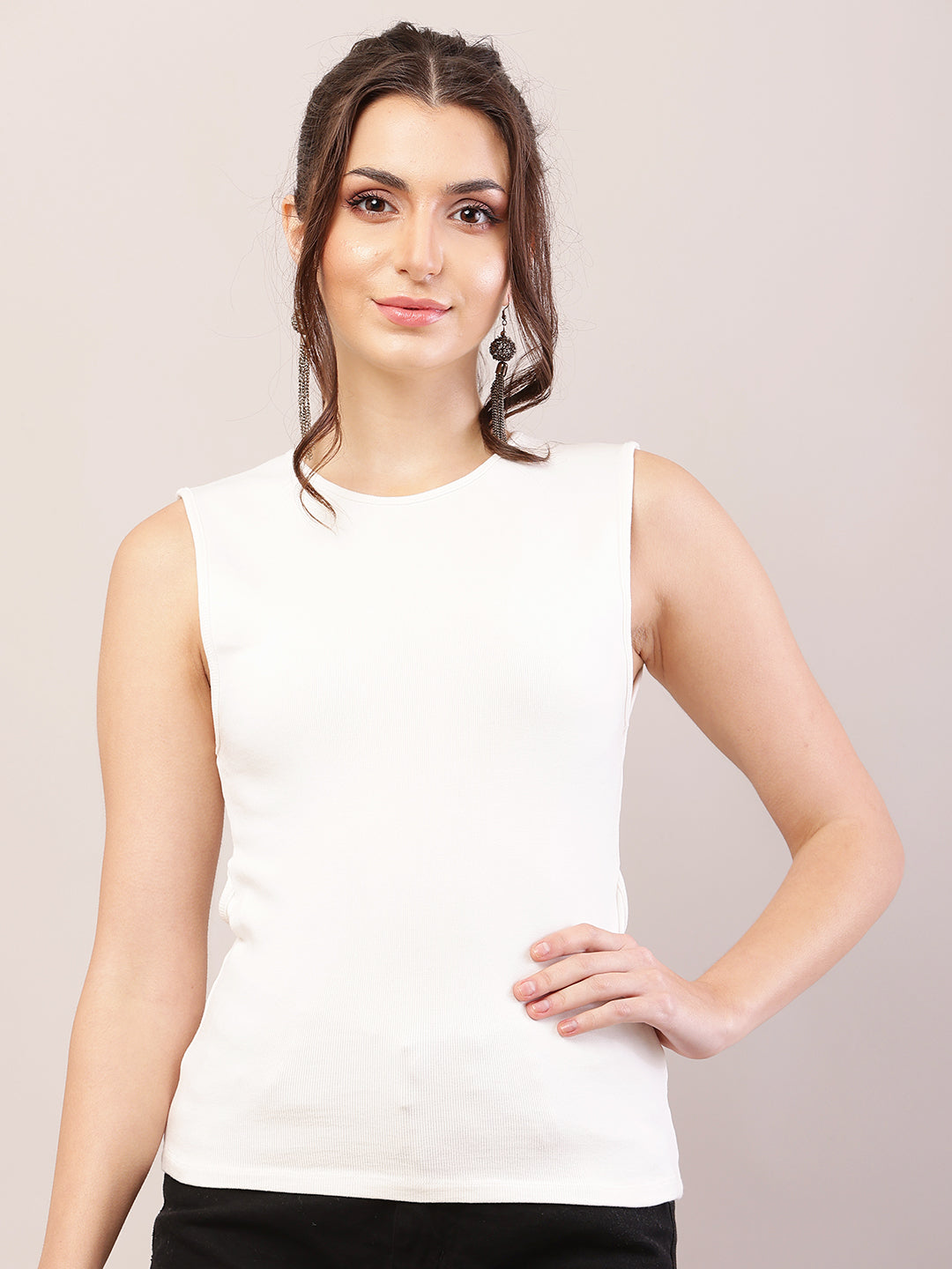 Viscose Sleeveless with Round Neck White Tank Top