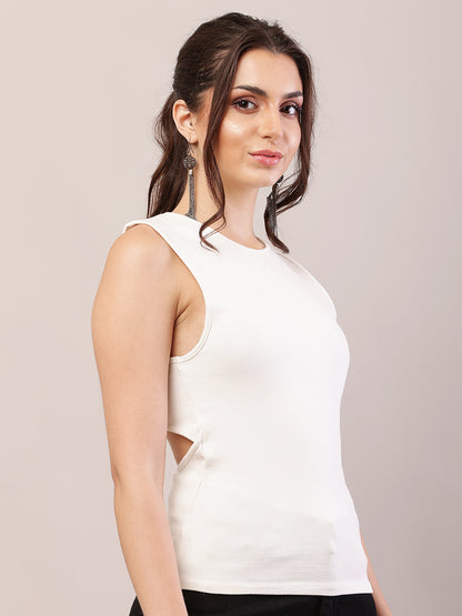 Viscose Sleeveless with Round Neck White Tank Top