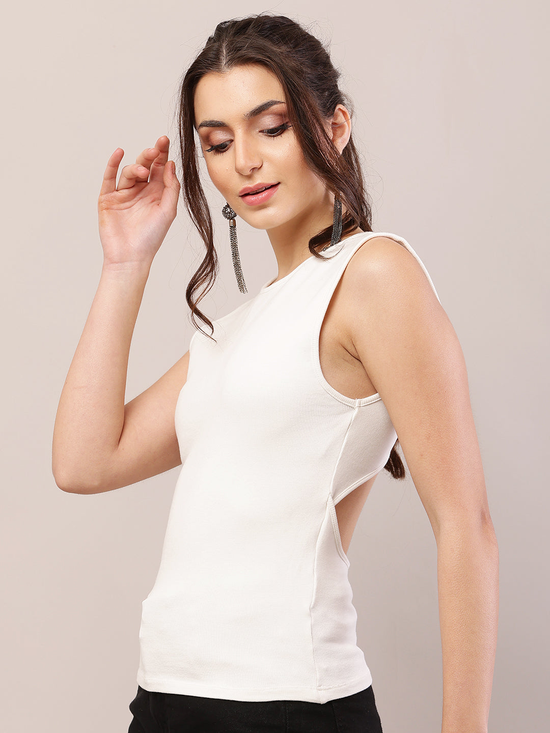 Viscose Sleeveless with Round Neck White Tank Top