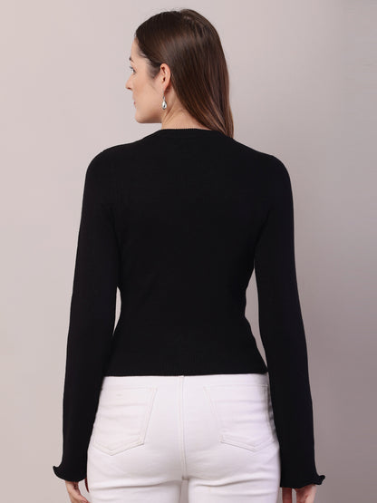 Viscose Full Sleeve with V-Neck Crop Black Sweater