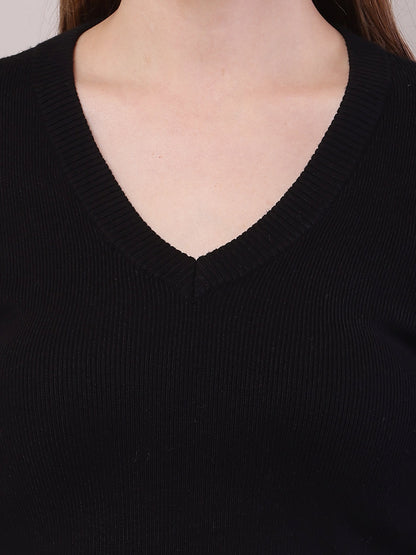 Viscose Full Sleeve with V-Neck Crop Black Sweater