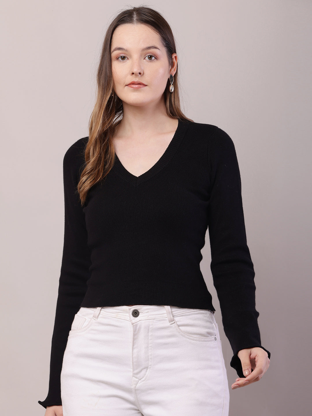 Viscose Full Sleeve with V-Neck Crop Black Sweater