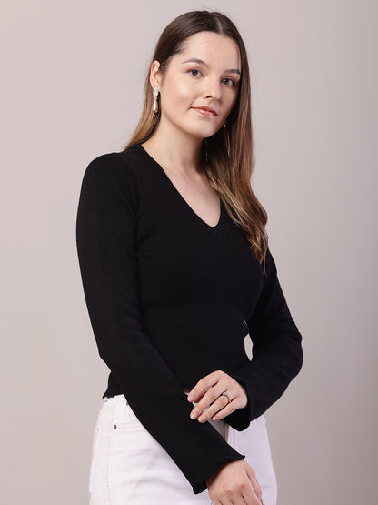 Viscose Full Sleeve with V-Neck Crop Black Sweater