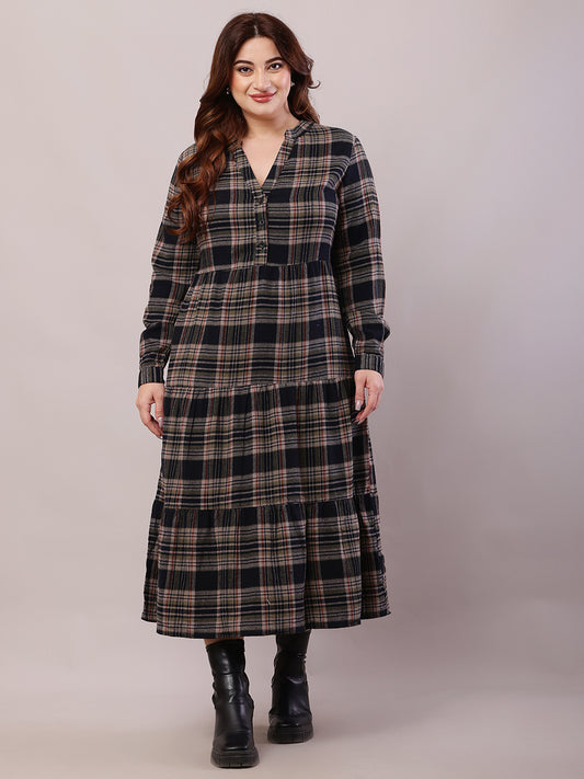 Cotton Full Sleeve with V-Neck Multicolour Checked Midi Dress