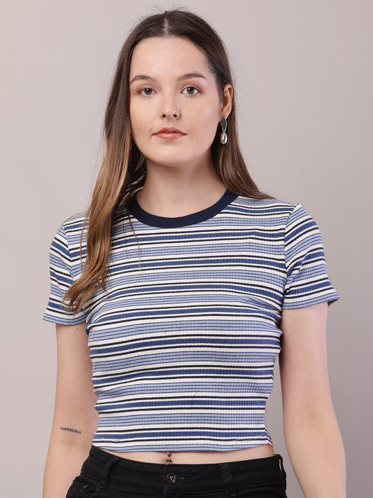 Cotton Round Neck with Short Sleeve Blue and white Stripe Top