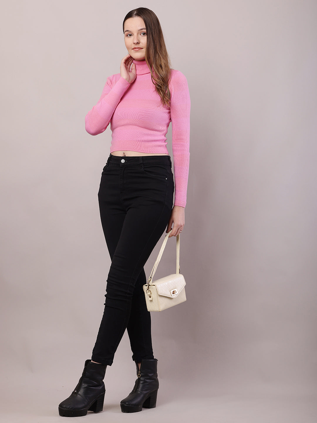 Cotton Full Sleeve with High-Neck Pink Sweater