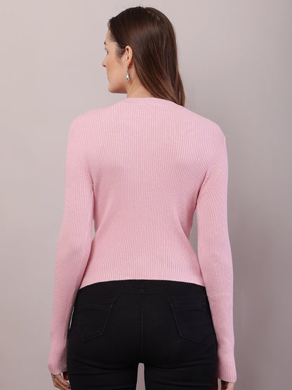 Viscose Round Neck with Full Sleeve Ribbed Baby Pink Sweater