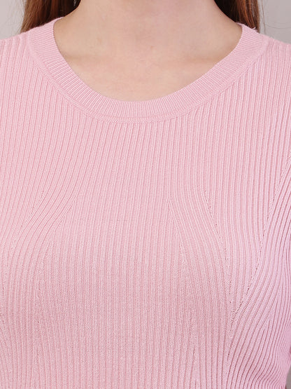 Viscose Round Neck with Full Sleeve Ribbed Baby Pink Sweater