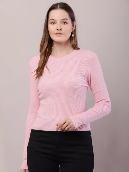 Viscose Round Neck with Full Sleeve Ribbed Baby Pink Sweater