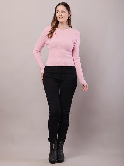 Viscose Round Neck with Full Sleeve Ribbed Baby Pink Sweater