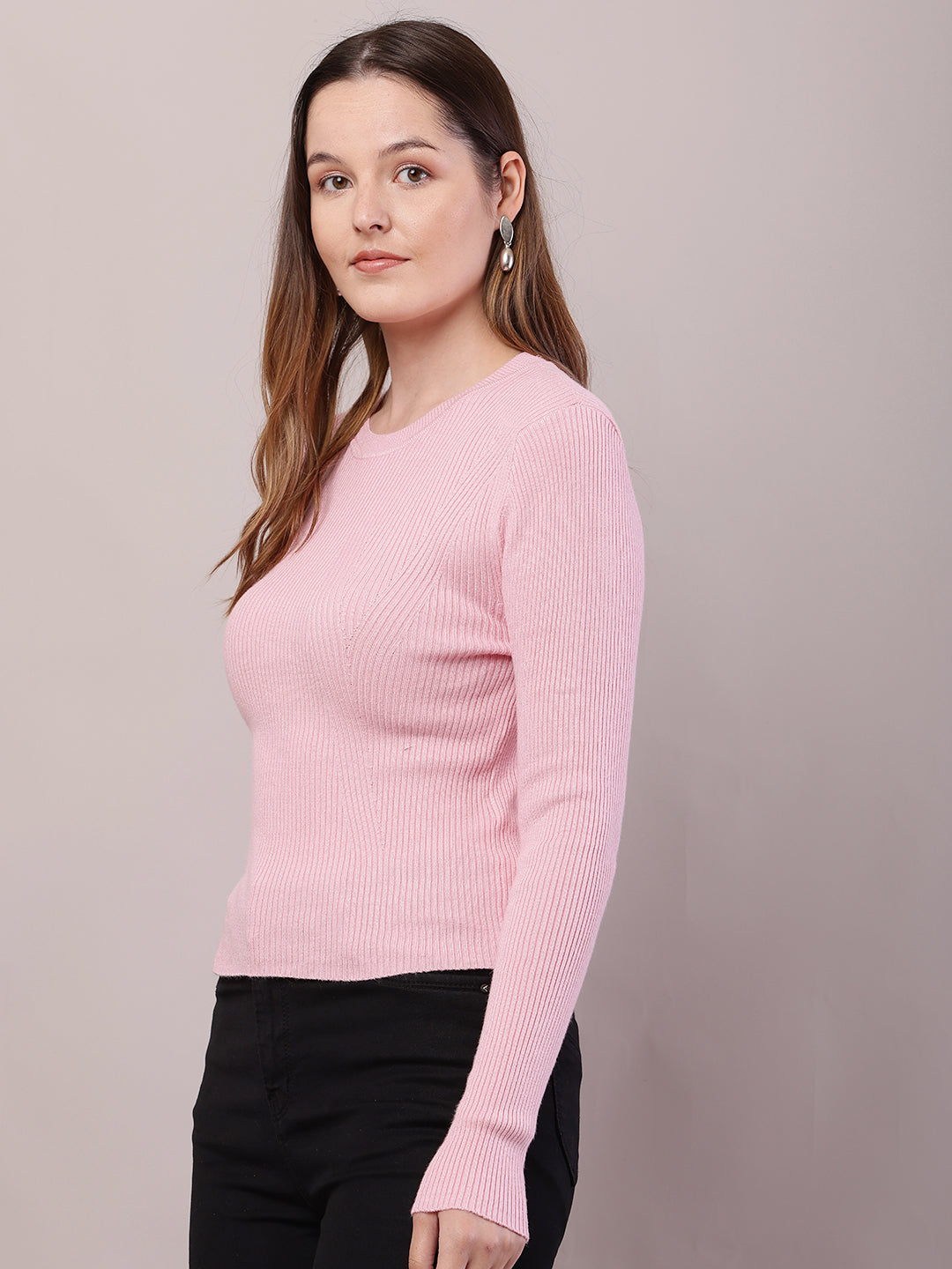 Viscose Round Neck with Full Sleeve Ribbed Baby Pink Sweater