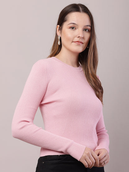 Viscose Round Neck with Full Sleeve Ribbed Baby Pink Sweater