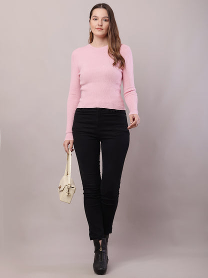 Viscose Round Neck with Full Sleeve Ribbed Baby Pink Sweater