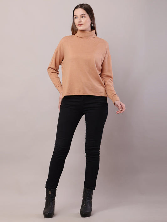 Viscose Full Sleeve with High-Neck Brown Sweater