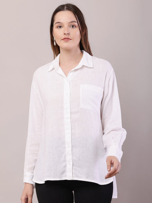 Linen Shirt Collar with Full Sleeve High-Low White Shirt