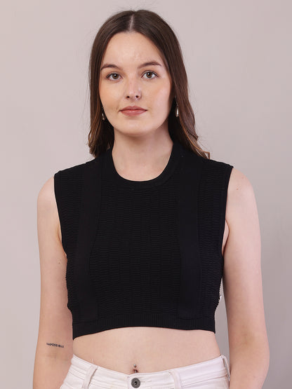 Viscose Round Neck with Sleeveless Black Crop Top