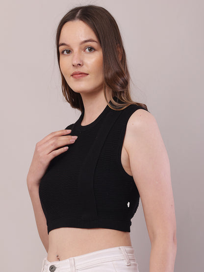 Viscose Round Neck with Sleeveless Black Crop Top