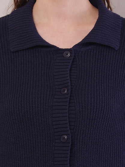 Cotton Full Sleeve with Shirt Collar Dark Blue Cardigan