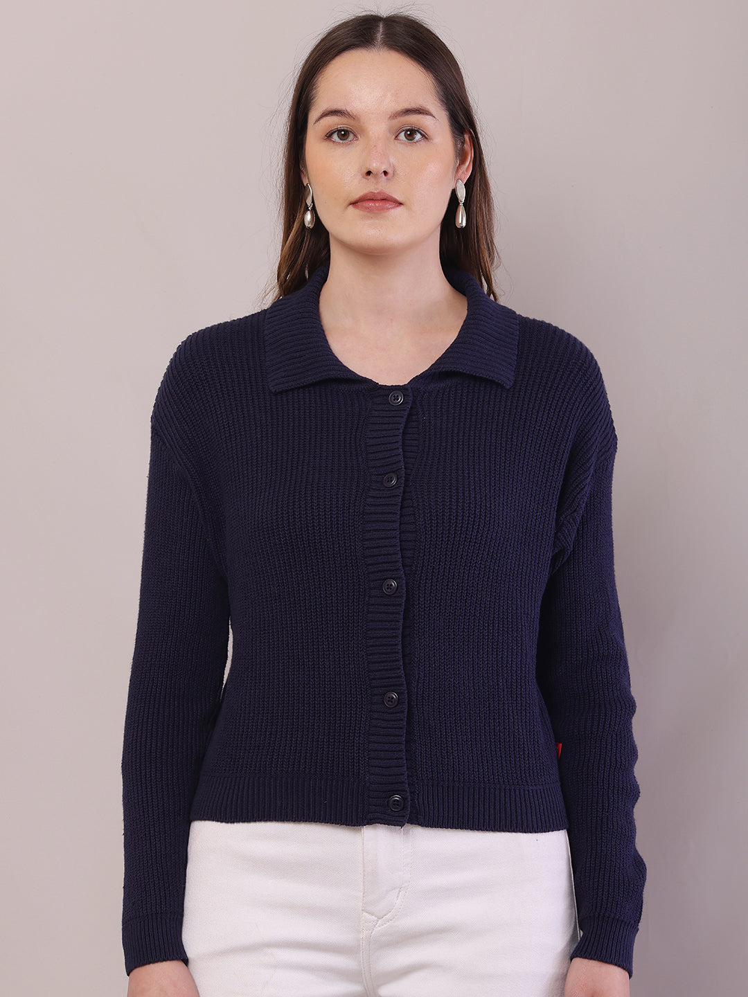 Cotton Full Sleeve with Shirt Collar Dark Blue Cardigan