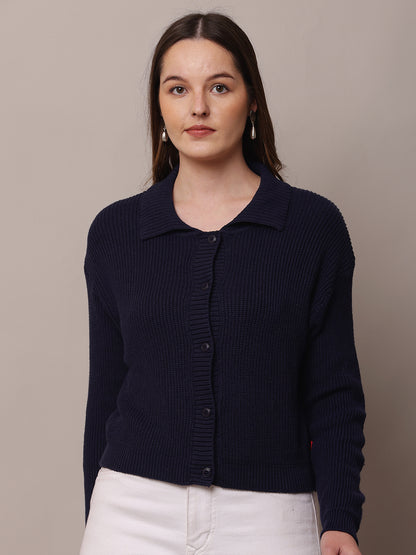 Cotton Full Sleeve with Shirt Collar Dark Blue Cardigan