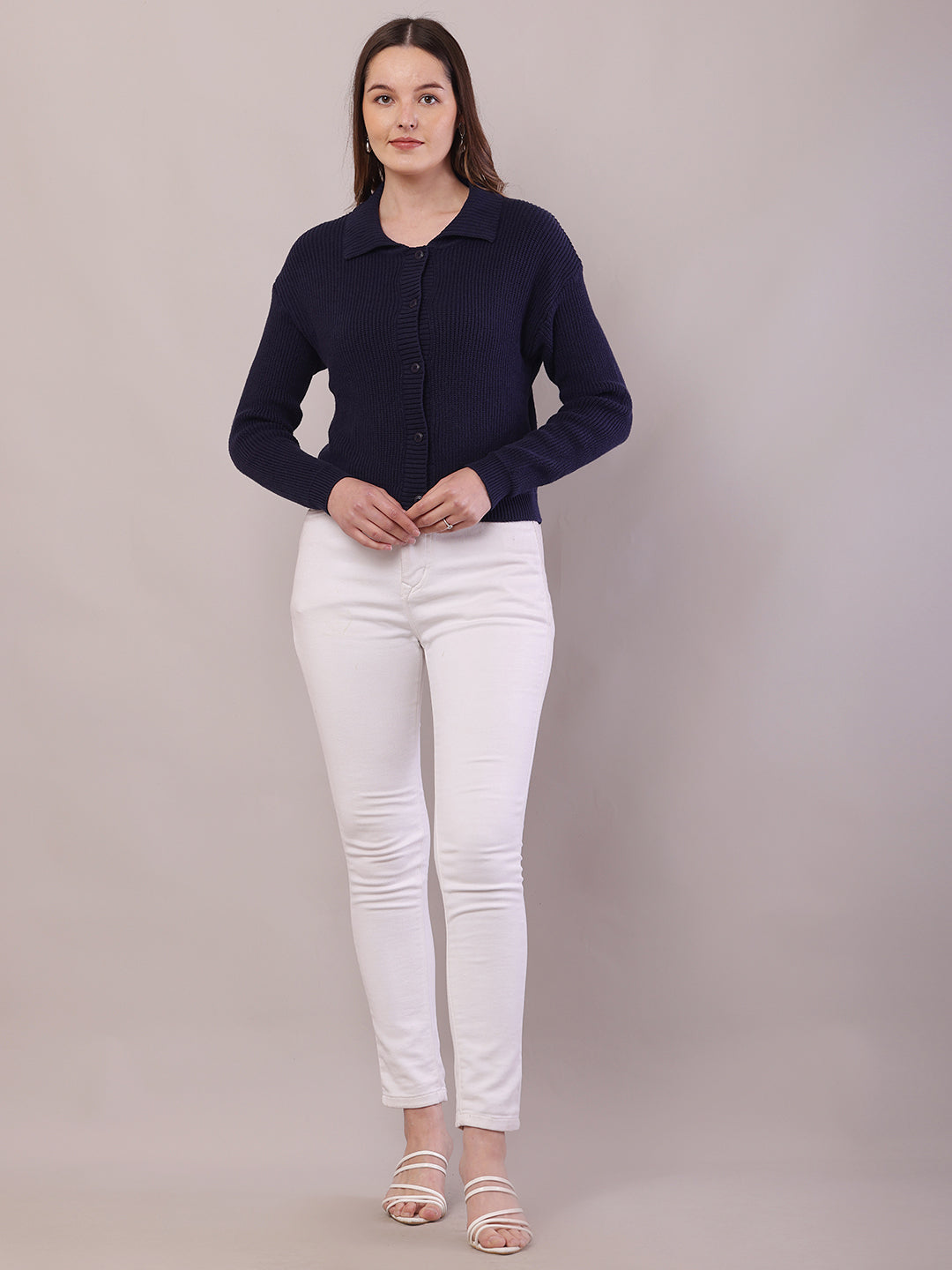 Cotton Full Sleeve with Shirt Collar Dark Blue Cardigan