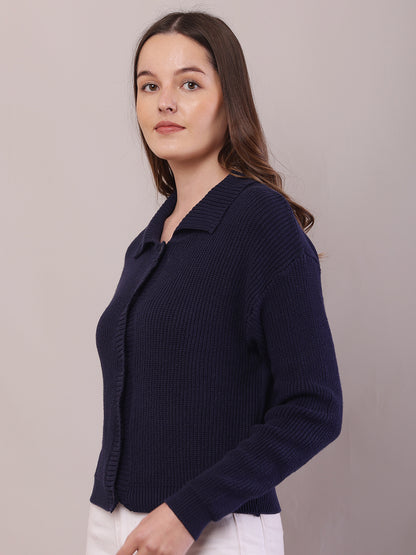 Cotton Full Sleeve with Shirt Collar Dark Blue Cardigan