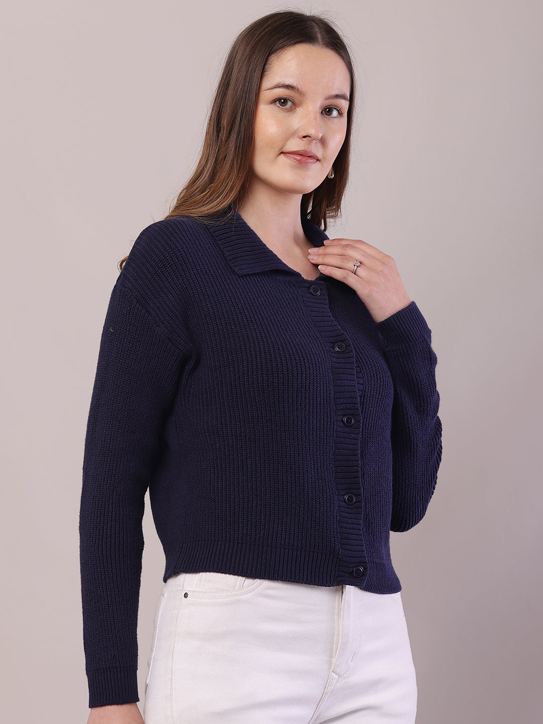 Cotton Full Sleeve with Shirt Collar Dark Blue Cardigan