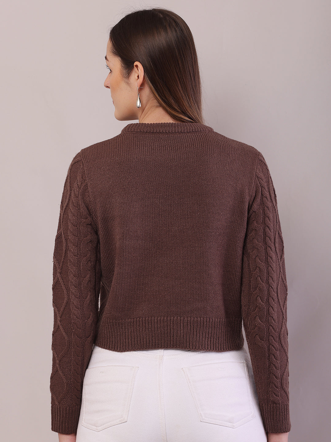 Acrylic Full Sleeve with Round Neck Cable Knit Brown Sweater