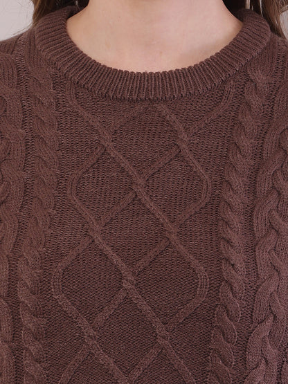 Acrylic Full Sleeve with Round Neck Cable Knit Brown Sweater