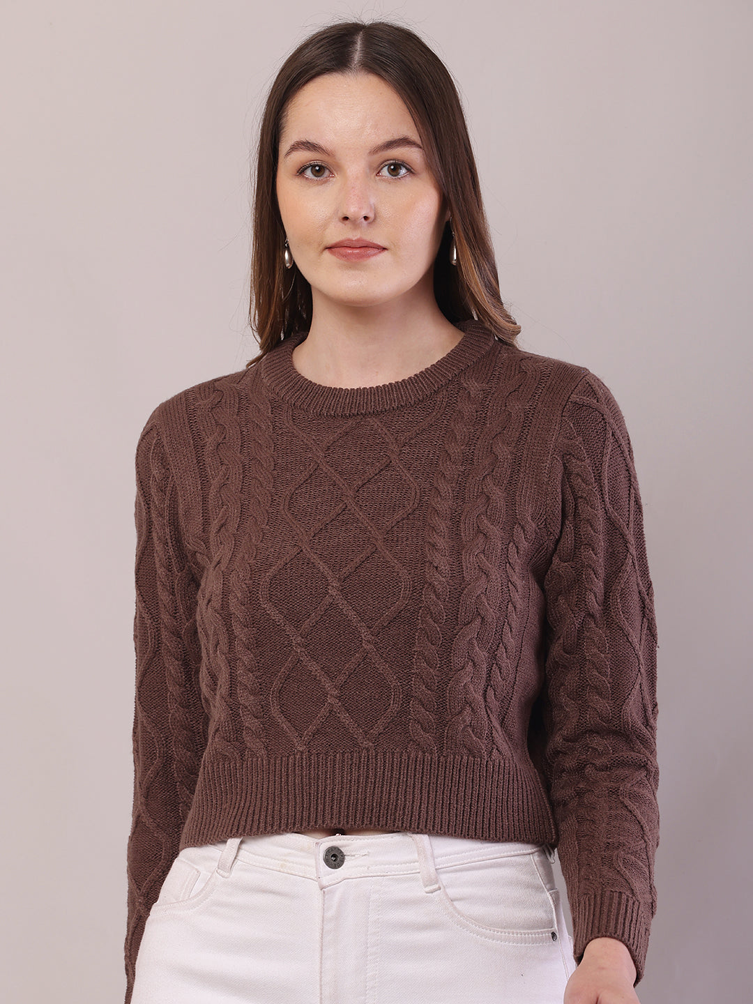 Acrylic Full Sleeve with Round Neck Cable Knit Brown Sweater