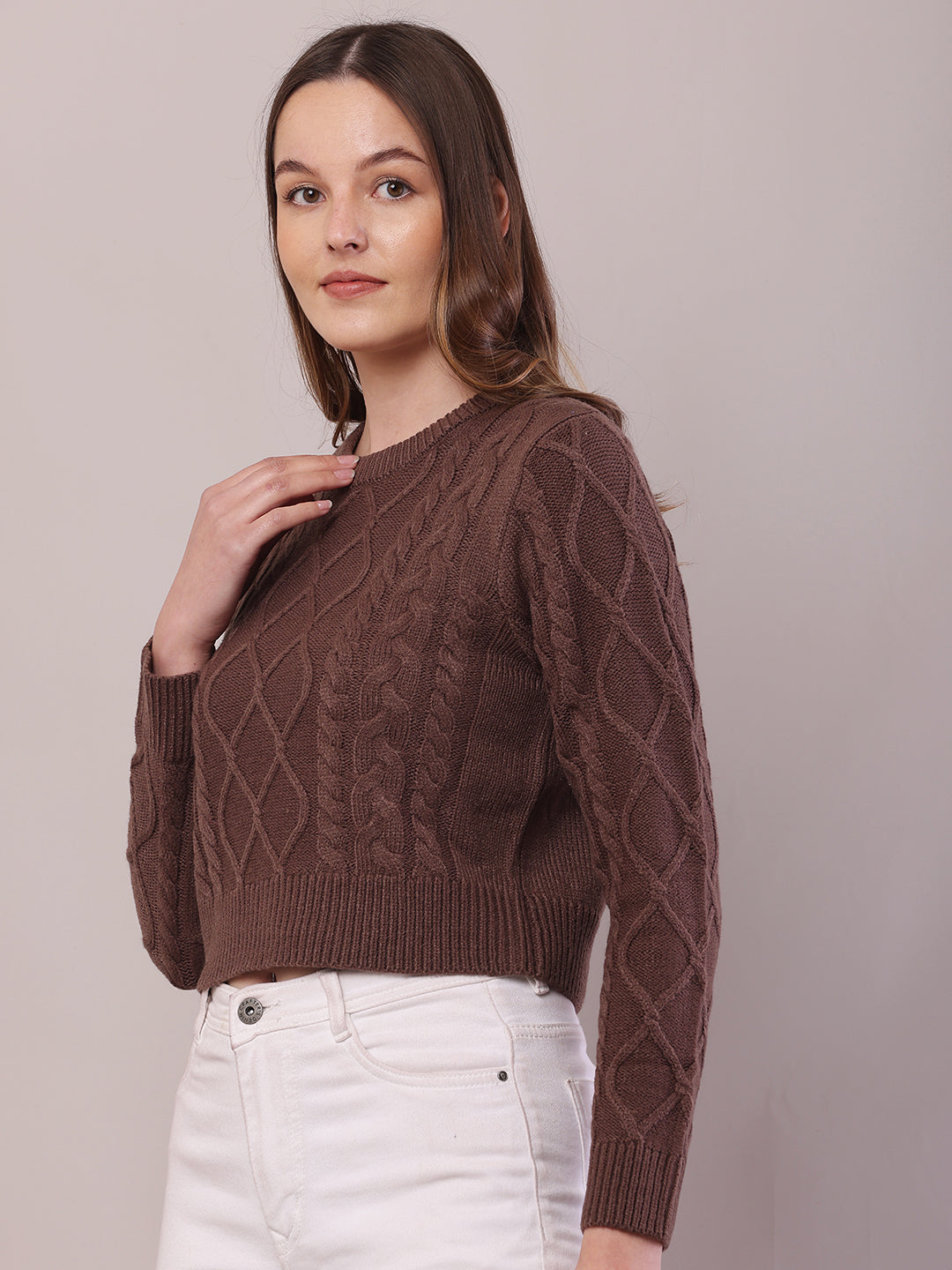 Acrylic Full Sleeve with Round Neck Cable Knit Brown Sweater