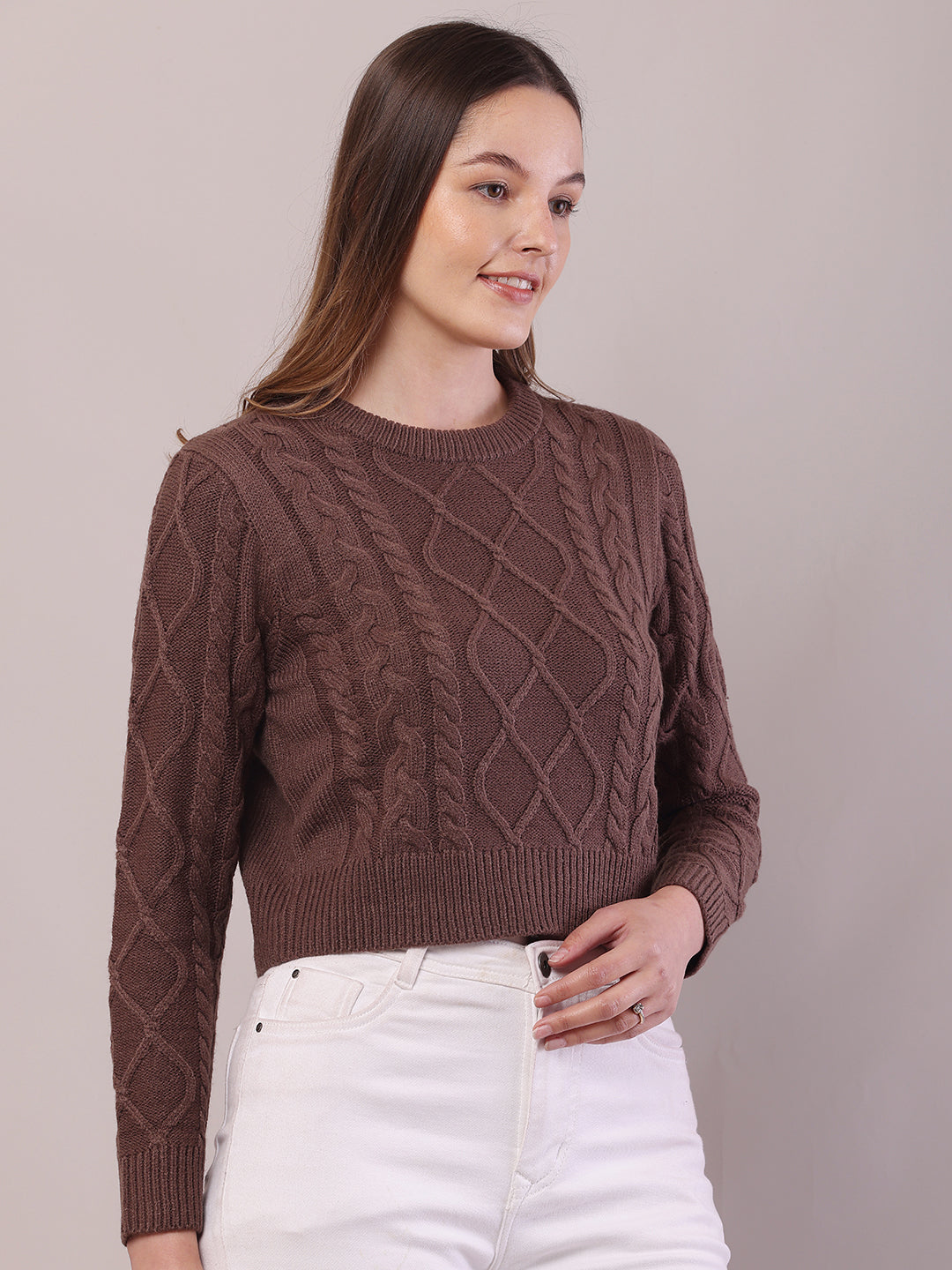 Acrylic Full Sleeve with Round Neck Cable Knit Brown Sweater