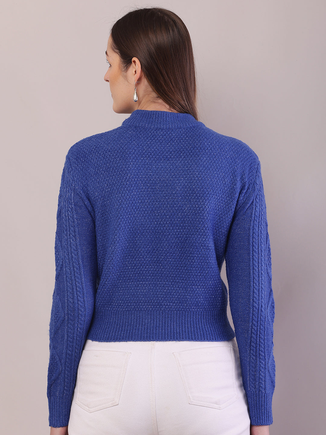 Viscose Full Sleeve with Turtle Neck Cable Knit Blue Sweater