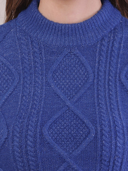 Viscose Full Sleeve with Turtle Neck Cable Knit Blue Sweater