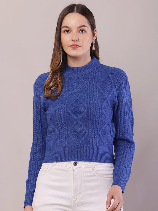 Viscose Full Sleeve with Turtle Neck Cable Knit Blue Sweater