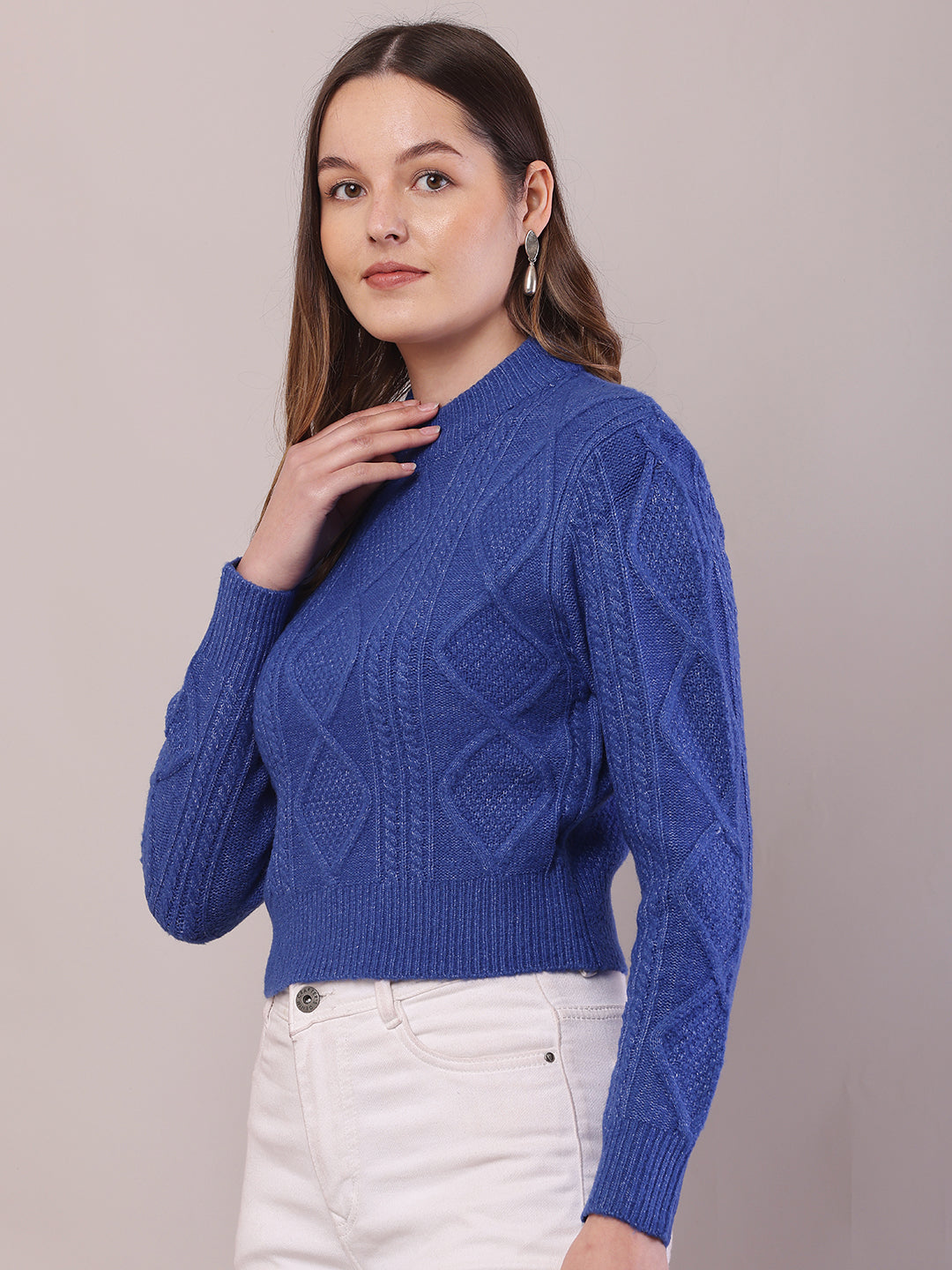 Viscose Full Sleeve with Turtle Neck Cable Knit Blue Sweater